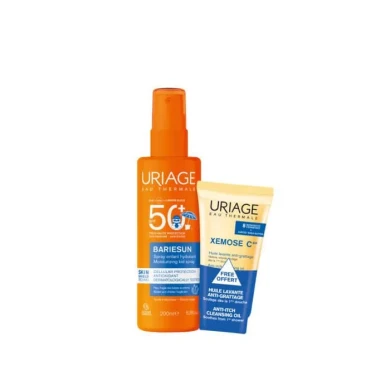 Uriage Bariesun Skin Shield Слънцезащитен спрей за деца SPF50+ 200 мл + Подарък: Uriage Xemose C8+ Почистващо успокояващо душ олио за лице и тяло 50 мл Комплект