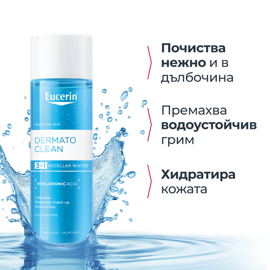 Eucerin DERMATOCLEAN Мицеларна вода 3 в 1 за всеки тип кожа с хиалурон 400мл