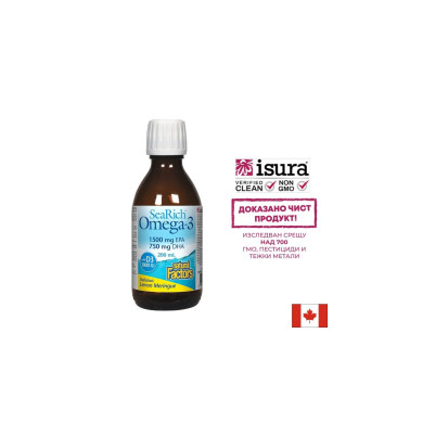 Мозъчна дейност, здрави кости и стави - Омега 3 и витамин D3 SeaRich, 200 ml Natural Factors