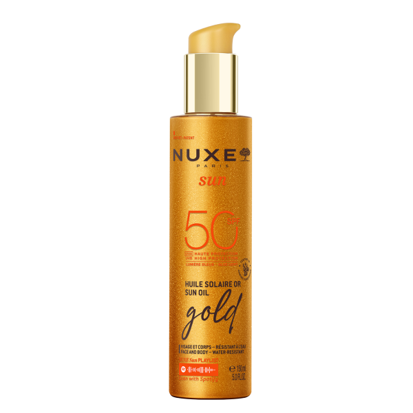 NUXE SUN  ОЛИО ЗА ПРИДОБИВАНЕ НА ТЕН СЪС ЗЛАТИСТИ ЧАСТИЦИ SPF50 + подарък плажна чанта