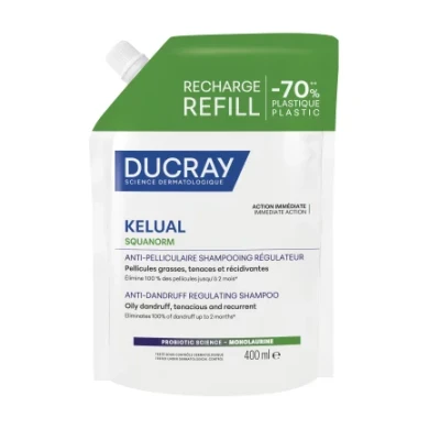 Ducray Kelual  Squanorm Регулиращ третиращ шампоан против мазен пърхот 400 ml - пълнител